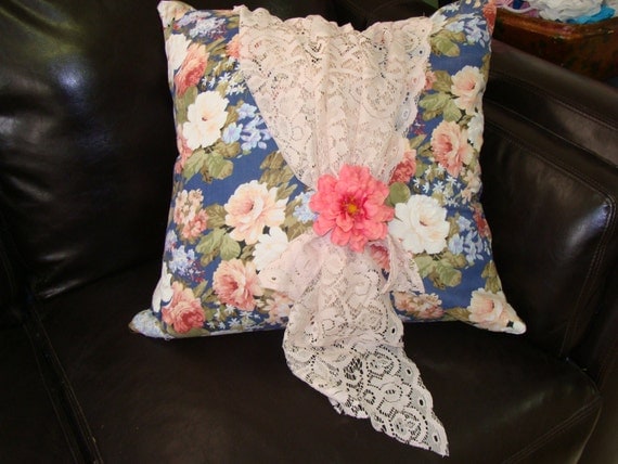 Shabby Chic Gypsy Throw Pillow Cabbage Roses Vintage Lace
