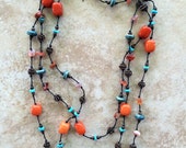 Long Boho Necklace, Stone Necklace, Copper Beads, Turquoise, Bohemian Necklace, Colorful Necklace, Knotted Jewelry, Hippie Jewelry