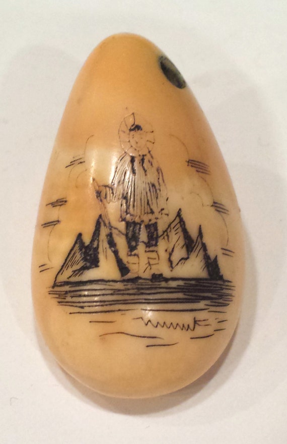 Real Scrimshaw Walrus Tooth Pendant w/ Eskimo by PassItOnLTD