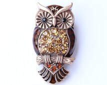 Owls Brooch Crystal Amber Brown Art Deco Owls Broach Jewelry Owl Brooches
