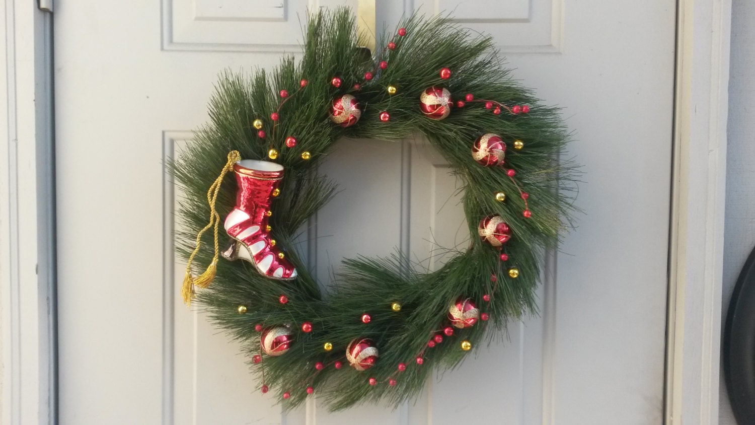 Victorian Red Glass Boot on Pine Wreath