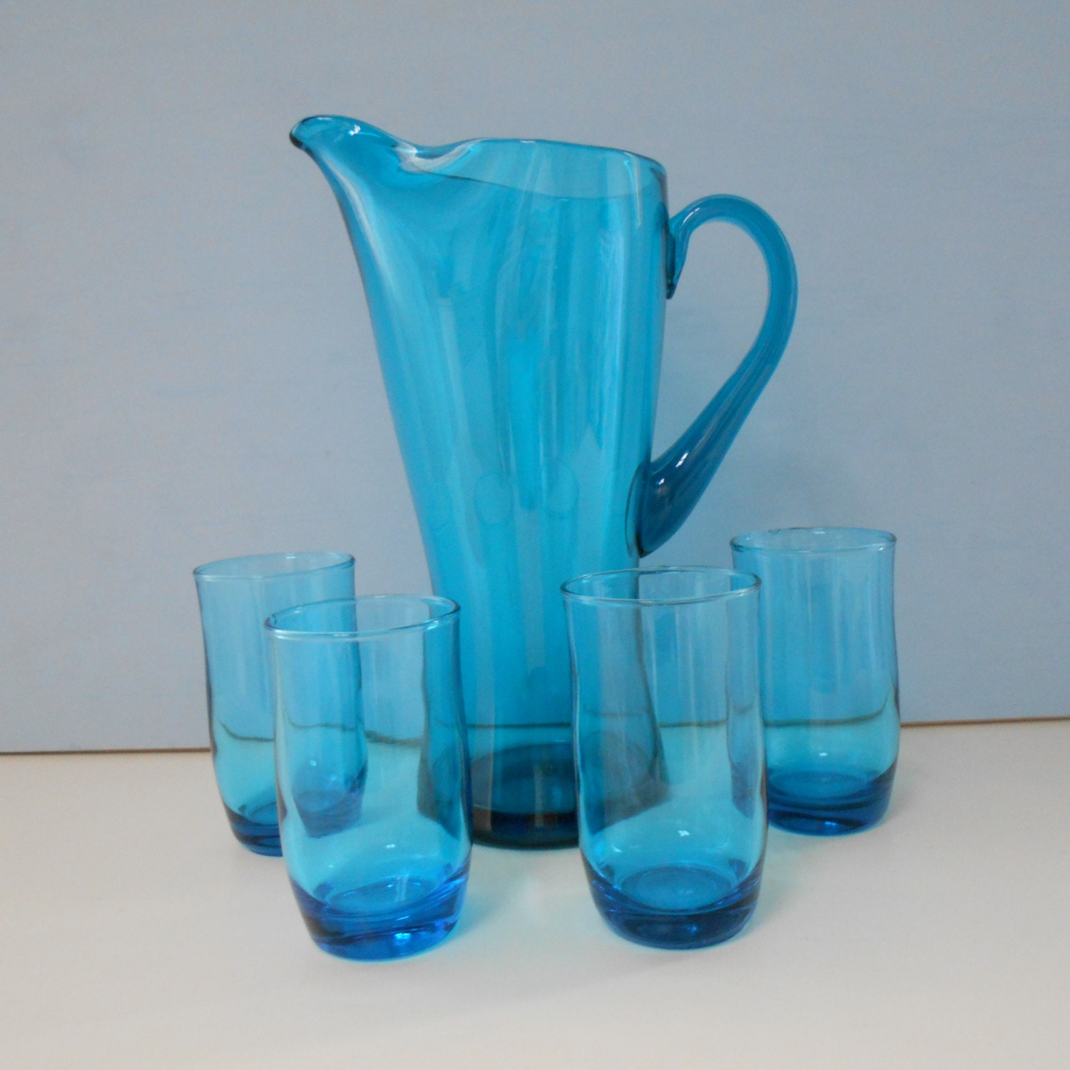 Blue Glass Lemonade Set Jug and Glasses 1970s 10037
