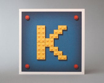 Letter K Lego Illustrated Card – Lego Birthday Card – Vintage children’s toy – Quality Printed Gift Card – Red, Blue & Yellow