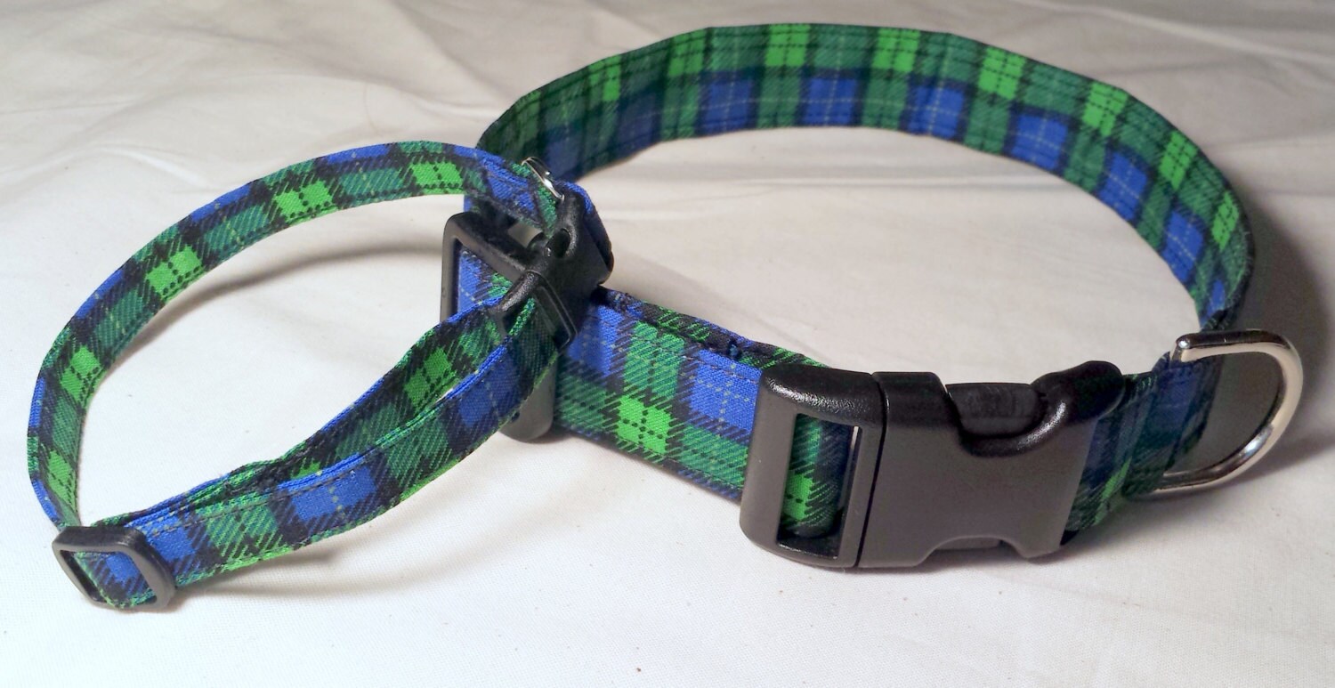 Blue and Green Plaid Dog Collar tartan Fabric by Britches4Stitches