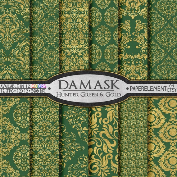 Hunter Green And Gold Damask Wedding Patterns Metallic Digital Foil Damask Designs Paper For 6469