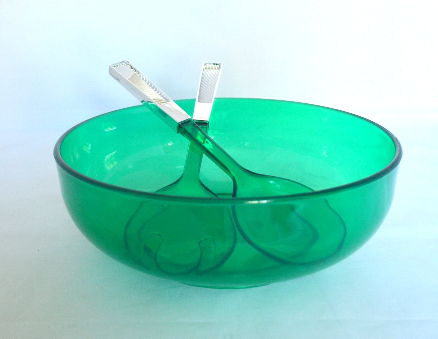 Vintage Emerald Green Plastic Salad Bowl with Utensils, TP Jeweltone