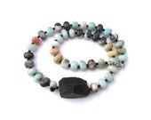 Statement necklace Amazonite and raw onyx For women Original necklace Gemstones Natural stones Blue grey black Elegant Perfect gift OOAK