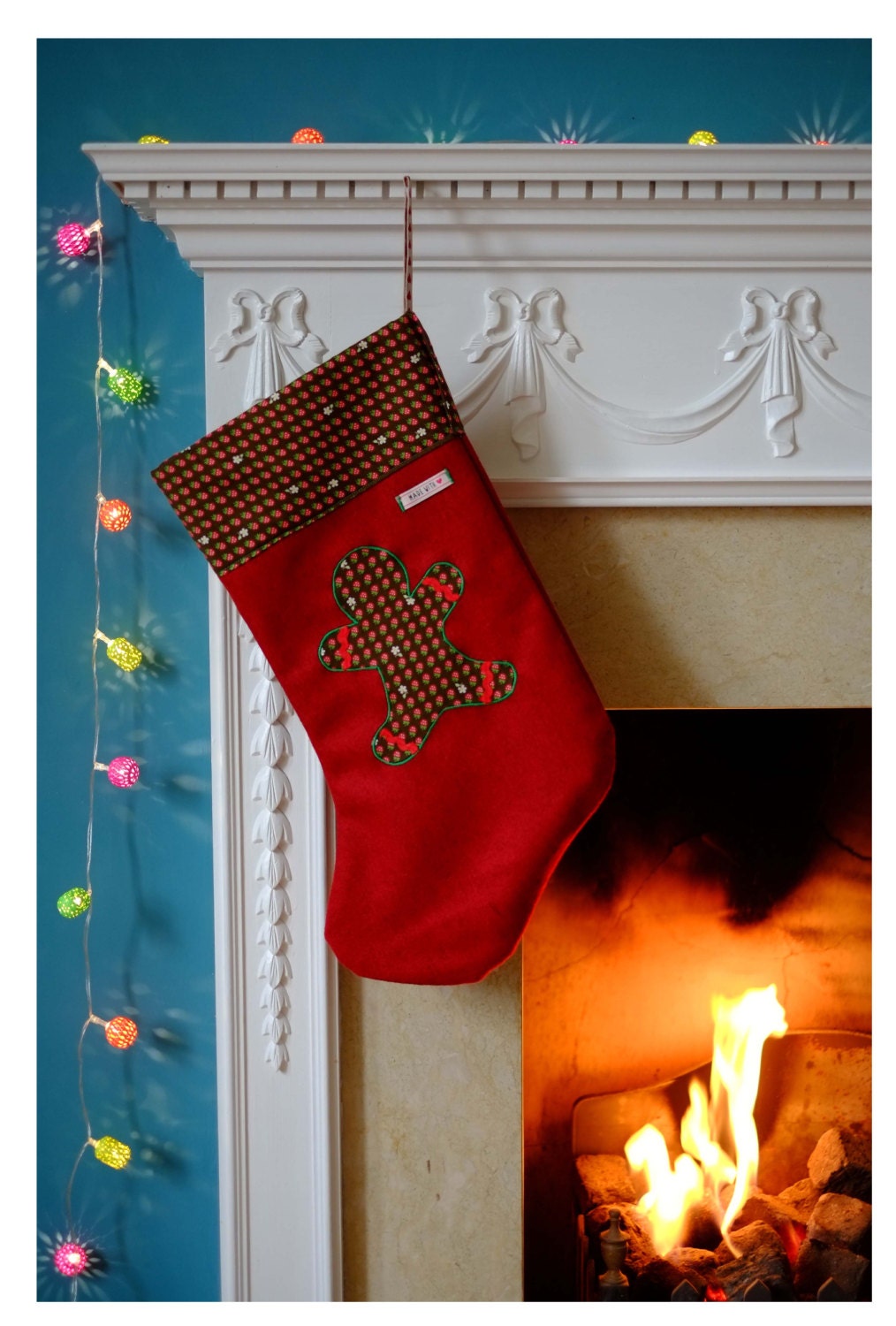 Unique Handmade personalised Christmas Stocking with Gingerbread Motif