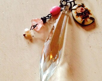 Vintage Inspired Jewelry.Necklace.Pink.Chandelier Crystal.Jewelry.BraidedCord.Handmade.Wire wrap.Victorian Floral.Bohemian.Pretty.G