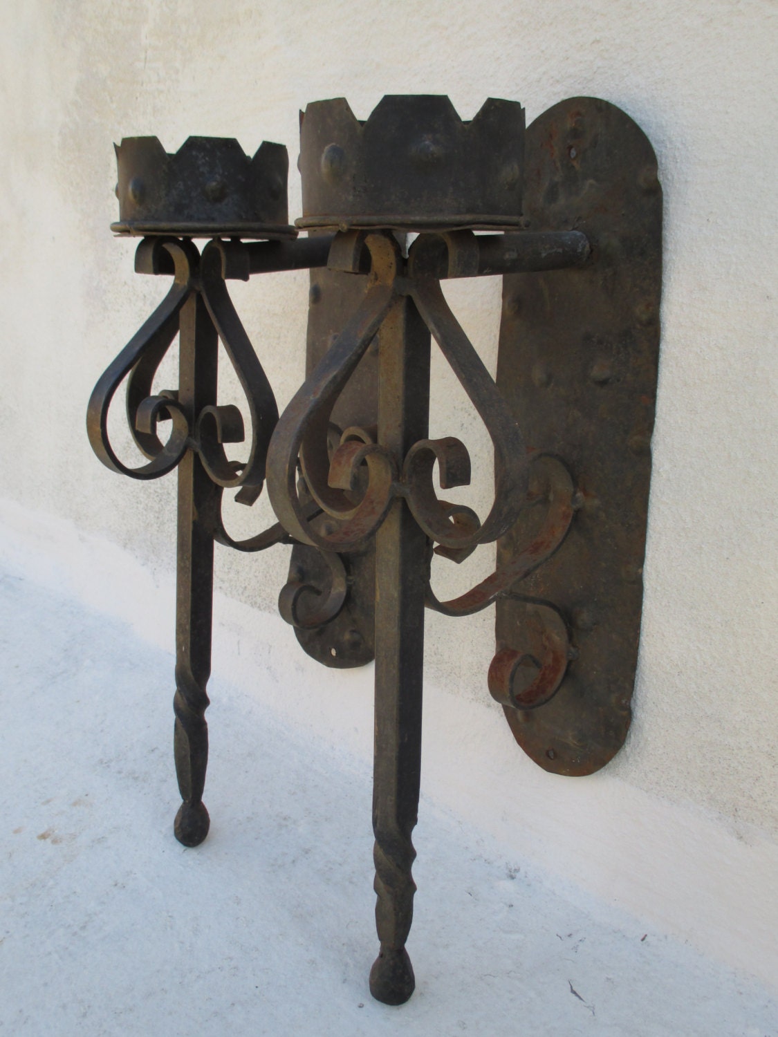 PAIR of Wrought Iron Medieval Gothic Torch Candle Holder Wall