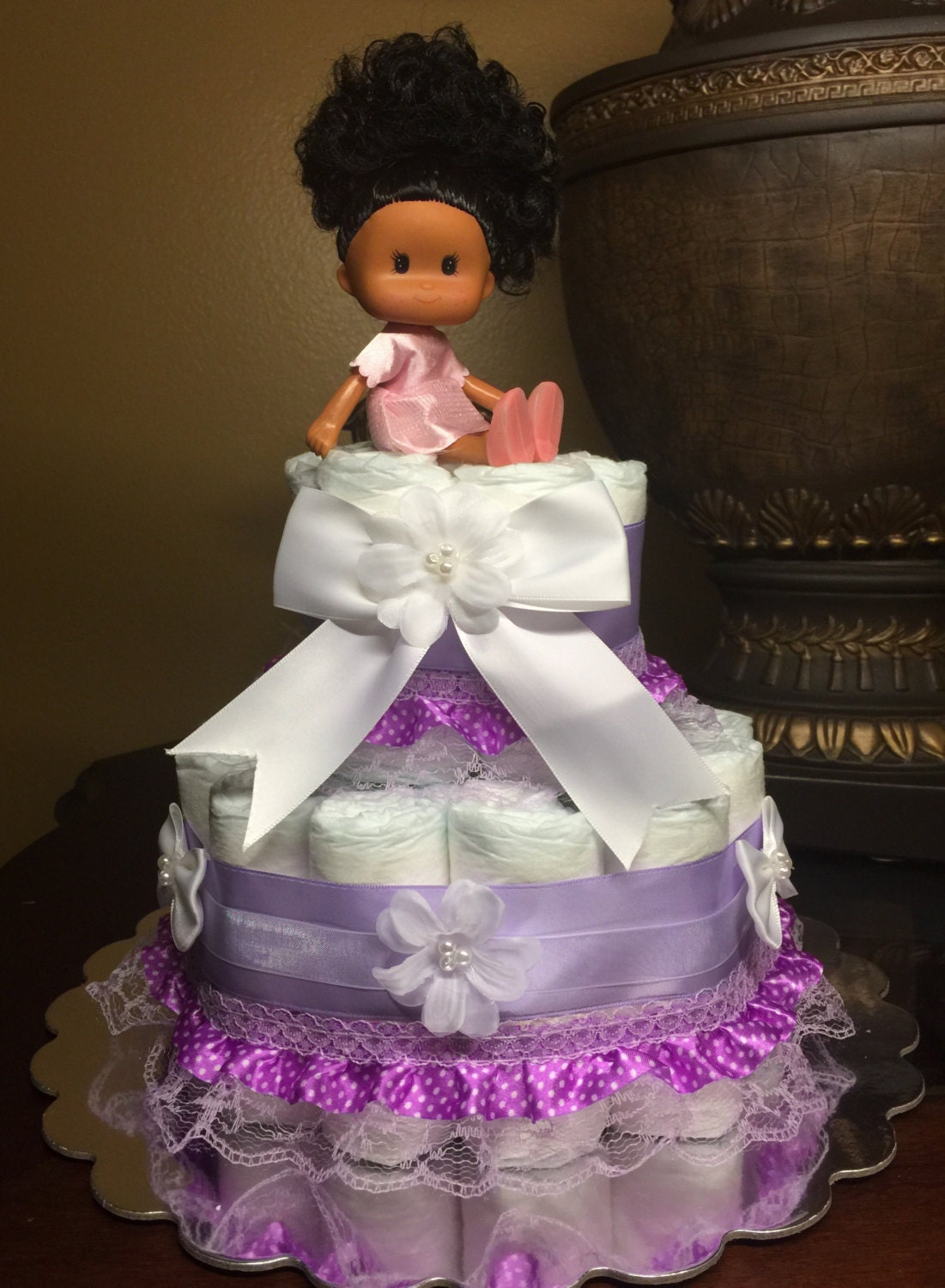 Purple diaper cake polka dots diaper cake two by CreationsbyLumy