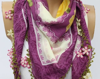 Turkish Anatolians Floral Scarf - Hand crocheted lace Oya - Yemeni - Cowl Gift Ideas Fashion Accessories