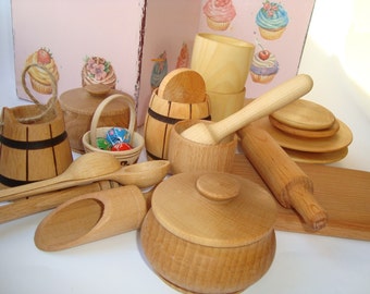 Kitchen set (29 pcs) in wood box for kids play. Wooden dishes set. Kids food play set. Kids kitchen play set
