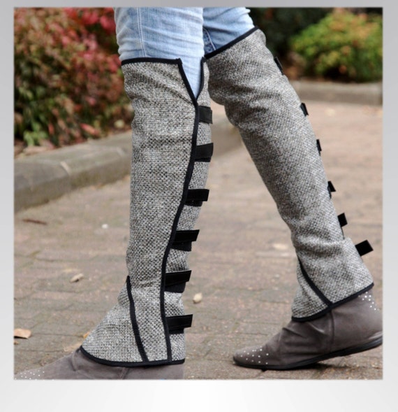 Grey Linen leg warmers / leggings velcro straps around the