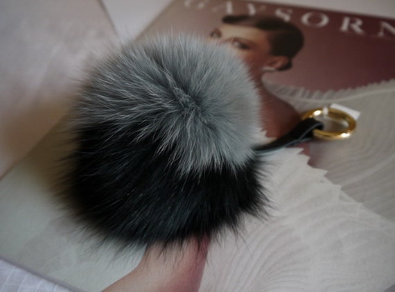 fox keychain pom pom keychain one Big Gray Two Pom Keyring Fox Fur Pom Ball Fluffy in Black