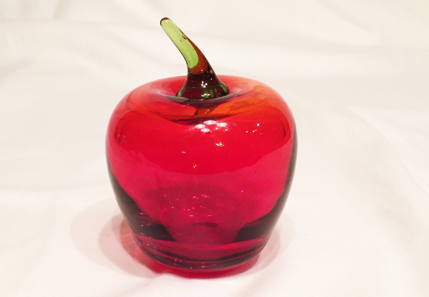 Blenko Red Glass Apple with Green Stem