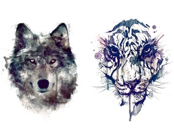 Sets wolf and tiger temporary tattoos