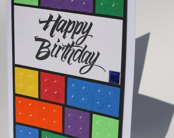 Hand crafted Happy Birthday Lego card. Paper Art made with punches and stamps.
