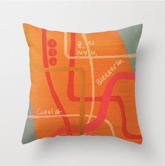 Throw pillow cover 16x16 / 18x18 / 20x20 square Funky vibrant colors modern urban New york City NYC orange subway metro cushion cover