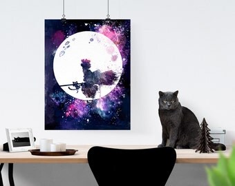Kiki's Delivery Service Flying Near The Moon With Jiji Watercolor Poster Studio Ghibli