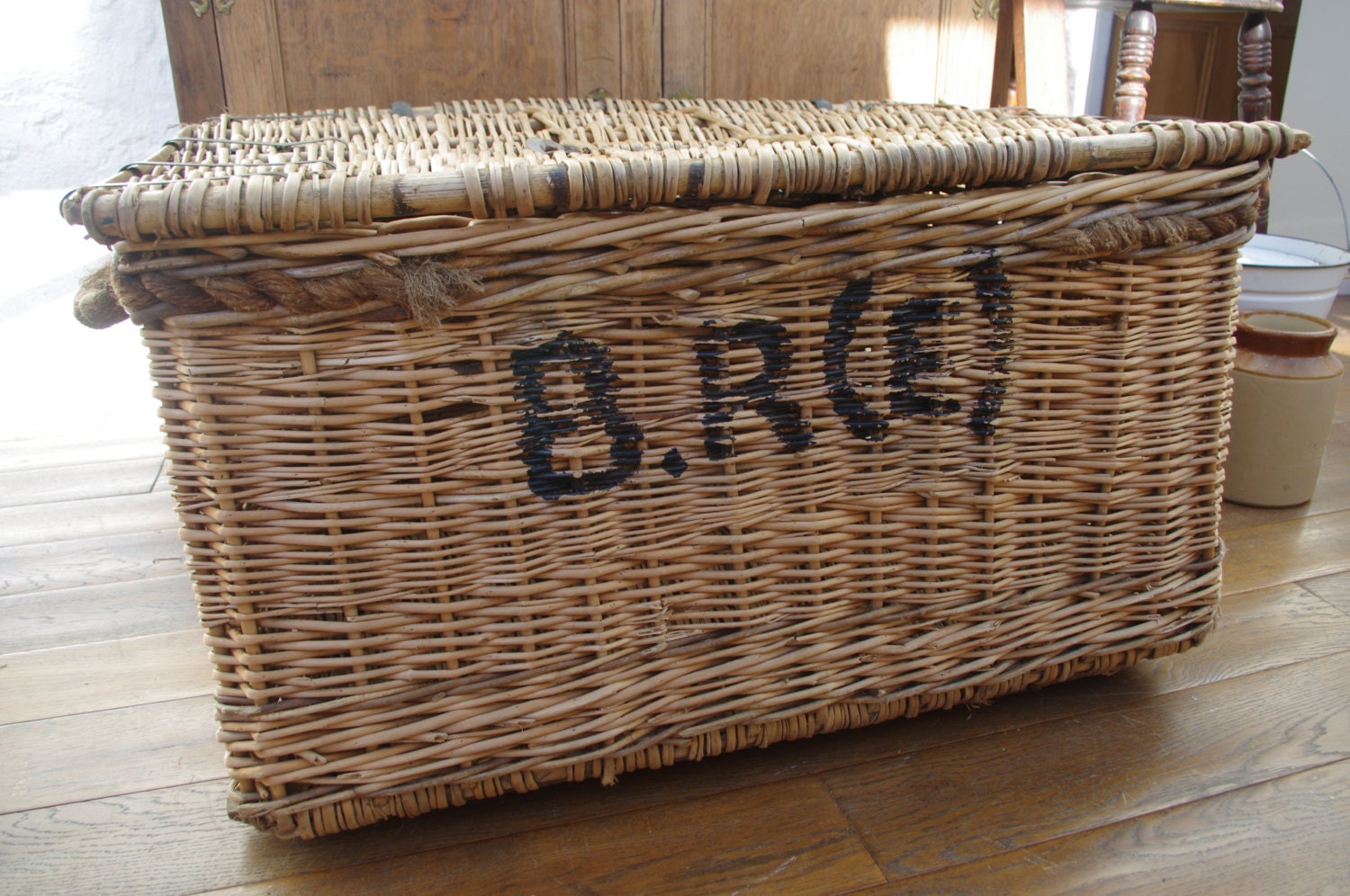 Large Antique Vintage Wicker Basket on Rollers, Storage