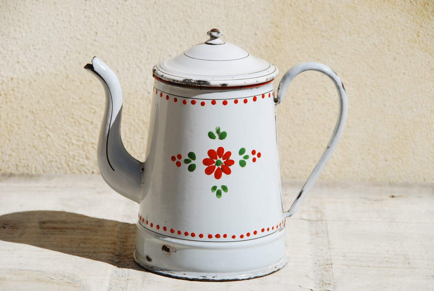 Vintage French enamelware coffee pot jug with hand painted