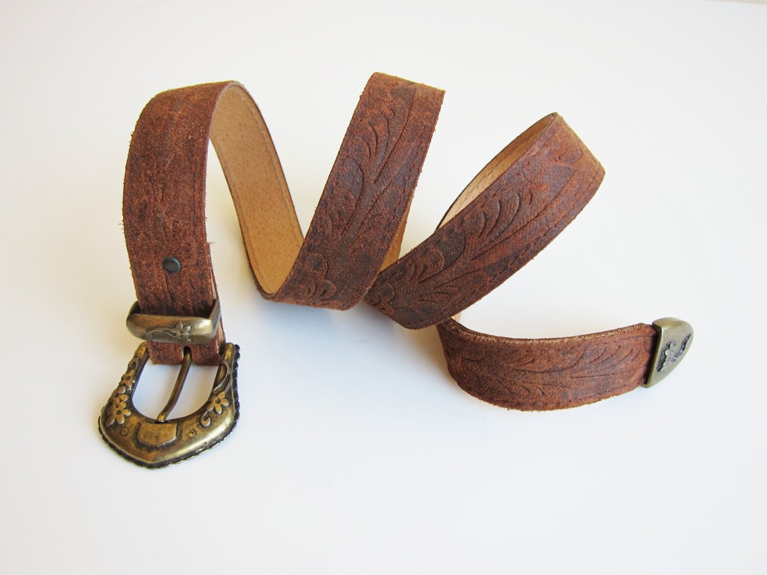 Ladies’ Brown Boho Southwestern Tooled Leather Belt, Size Medium, Brass ...