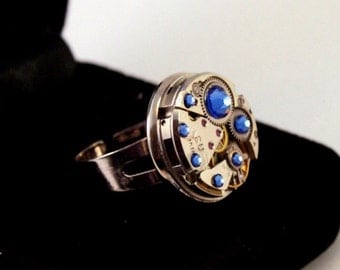 Design ring from vintage mechanical watch adding blue sapphire SWAROVSKI® crystals