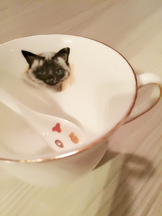 Vintage style cat tea cup with spoon by MyPorcelarts on Etsy