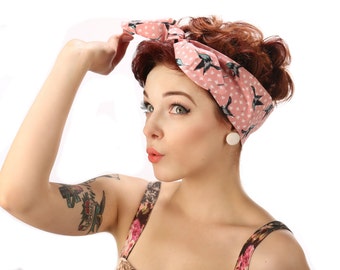 50s Fifties Pin Up Rock Rockabilly Swift Bird Pink Dolly bow Headscarf Bandana Headband - il_340x270.738270198_nb6s