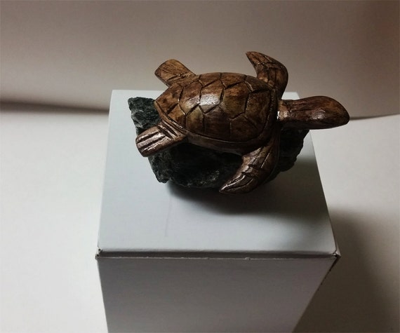 Hand Carved Wood Baby Sea Turtle On Rock By Trees2treasuresca