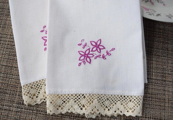 Embroidered Linen Tea Towel Set of Two - Fuchsia Flowers