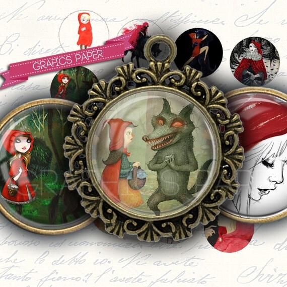 Little Red Riding Hood Fables - digital collage sheet - td82 - 1.5", 1.25", 30mm, 1 inch circles magnet, Images for pendant, cabochon caps