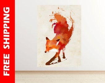 orange fox wall decal nursery, fox wall sticker bedroom, fox decal vinyl wolf poster, cool vulpes painting large print by Robert Farkas RF18