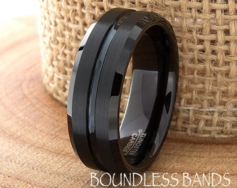 Black Tungsten Wedding Band Ring Beveled Edges Grooved Customized Tungsten Band Any Design Laser Engraved Ring Mens Tungsten Ring His Hers