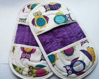 Owl Pot Holder, Pot Holder, Purple Oven Mitts, Owl Kitchen Linen, Owl Oven Mitt, Oven Mitt, Finger Tip Oven Mitt, Purple Pot Holder,