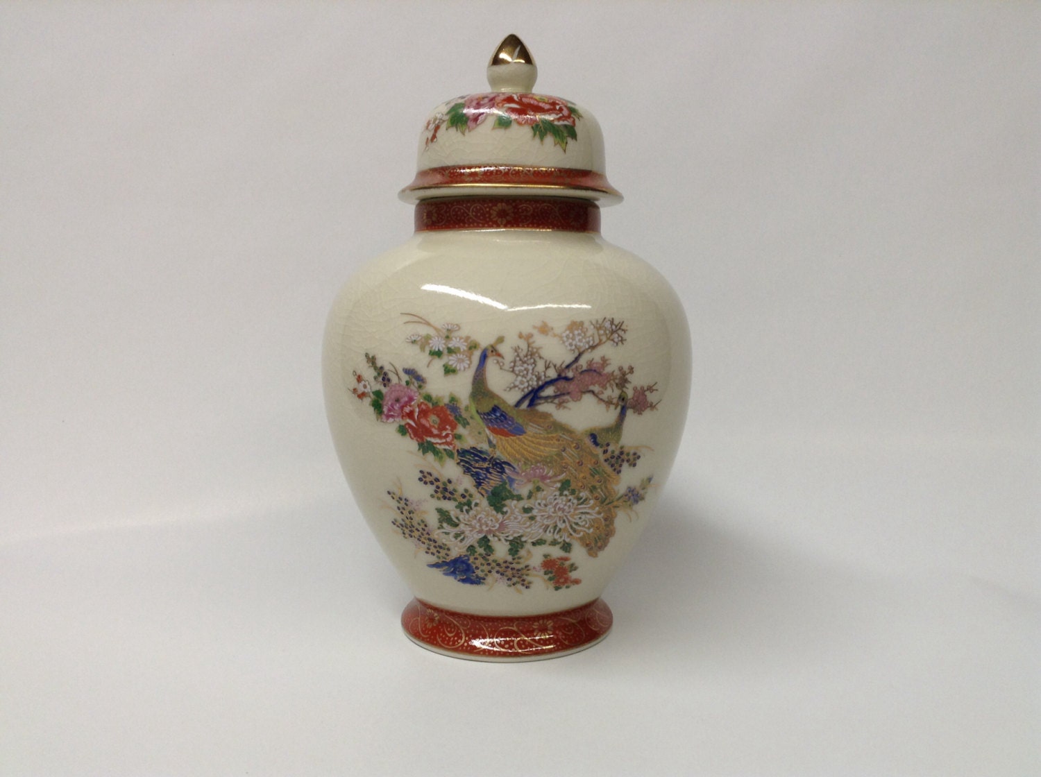 Japanese Ginger Jar Vase red and gold floral by OddsnEndshop