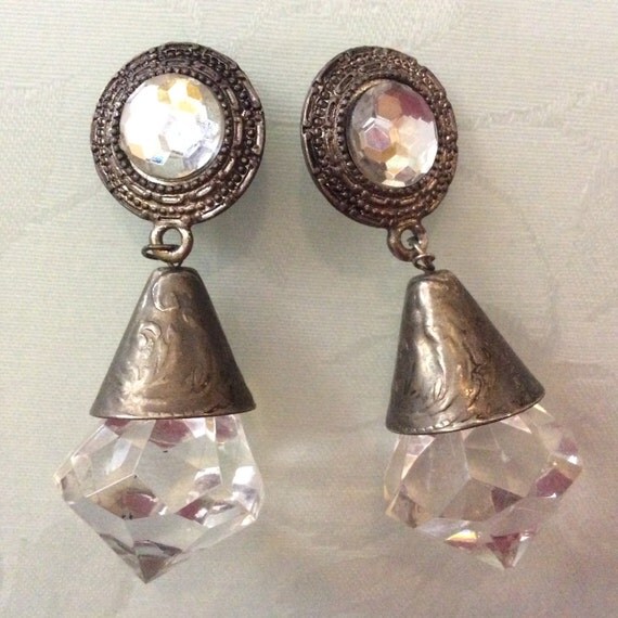 Vintage silver tone dangle clip on earrings large by VintageOrder