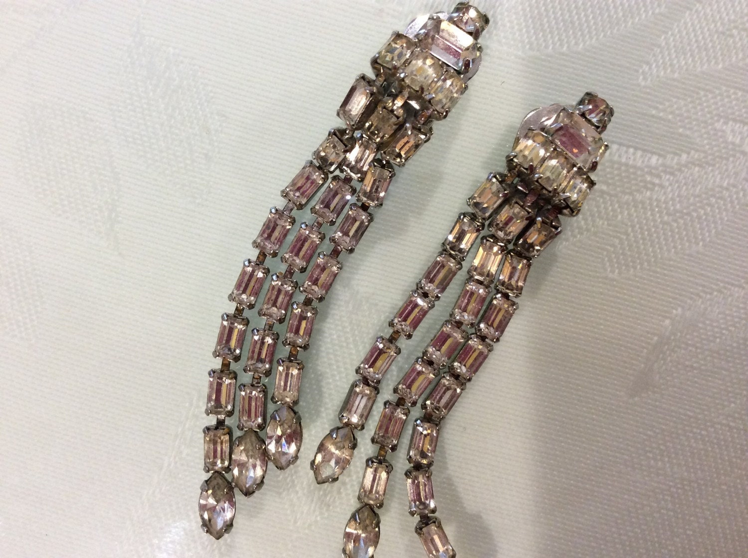 Vintage long dangle clip on earrings silver tone metal and