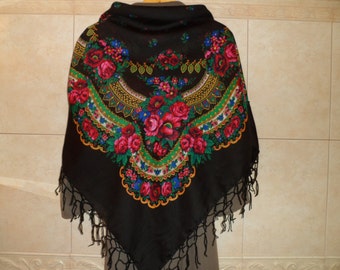 SALE! Vintage Ukrainian Shawl, Russian Shawl, Floral Shawl, Black Shawl, Shawl With Tassels.50"x48" (127cm x 122cm) Wool, Acrylic.