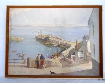 Vernon Ward Vintage Print: Unloading Newlyn Harbour Ward picture paint collectible Ward paint