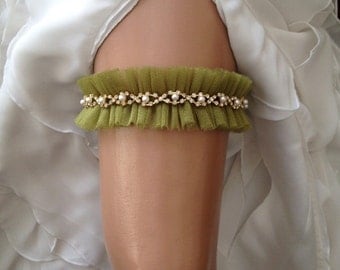 wedding garter, olive green bridal garter, pearl/rhinestone/gold