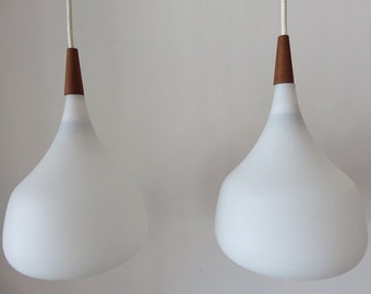 Pair Of Danish Mid-Century Modern Teak And Glass Pendents