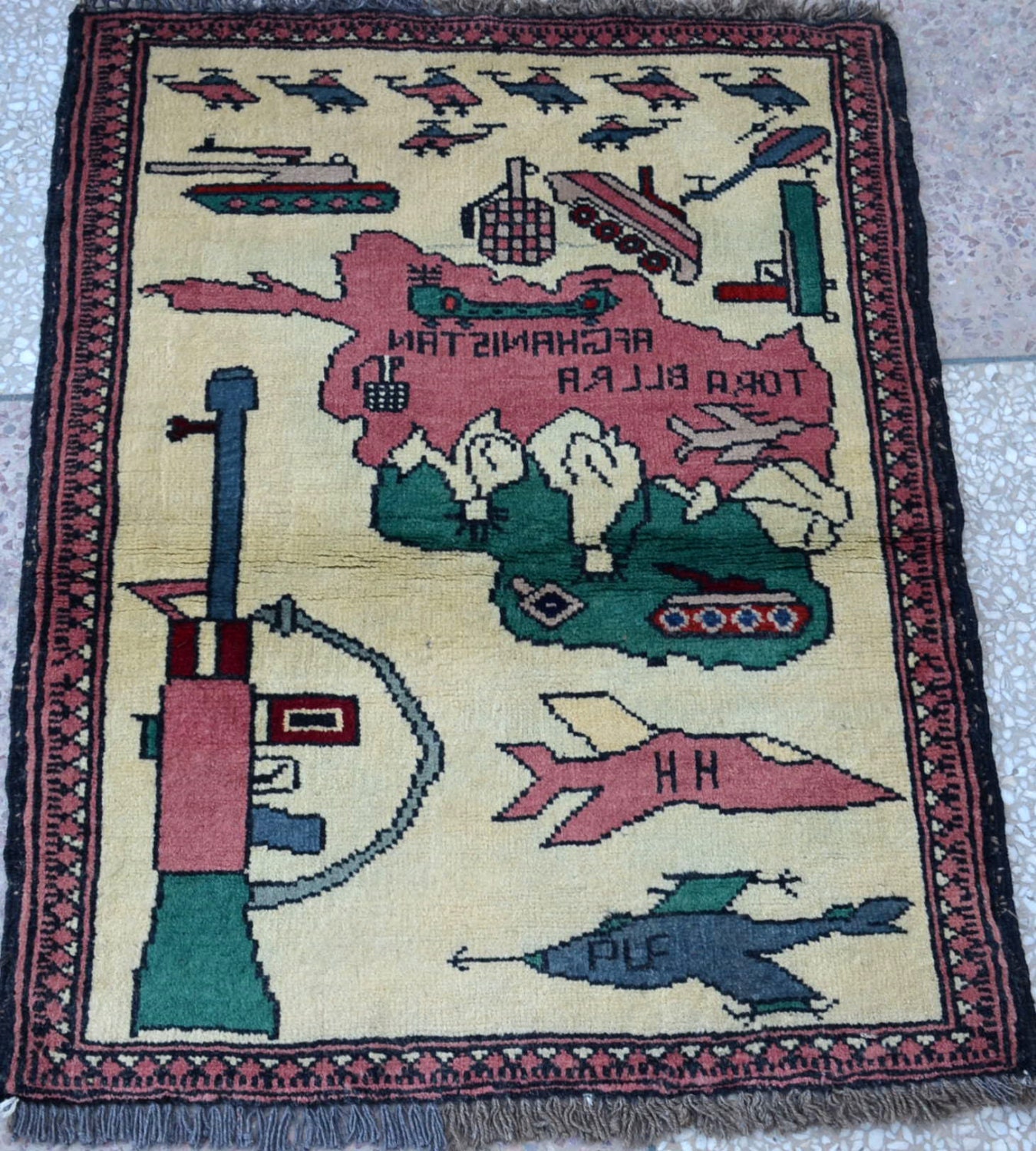 Antique Vintage Ak47 War Rug Afghan Rug by Paramountcrafts