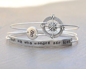 Not all who wander are lost - Graduation Jewelry - Traveller's Jewelry - set of 3 stamped bangles - initial monogram disk, compass charm
