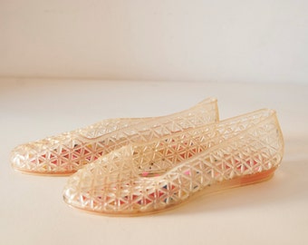 Vintage Jelly Ballet Sandals Flats / Women's Fashion / Summer shoes / Shoes for sea / Nude pink rubber flats / plastic flats / for beach
