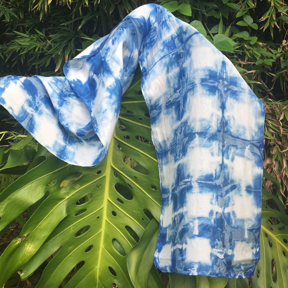 Indigo Dyed Shibori Silk Scarf