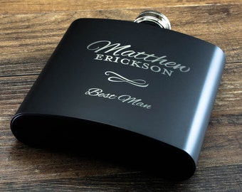 Personalized Groomsmen Flask, Custom Groomsmen Gift, Best Man Gift, Wedding Gift Ideas, Engraved Flask, Black 6oz Stainless Steel Flask