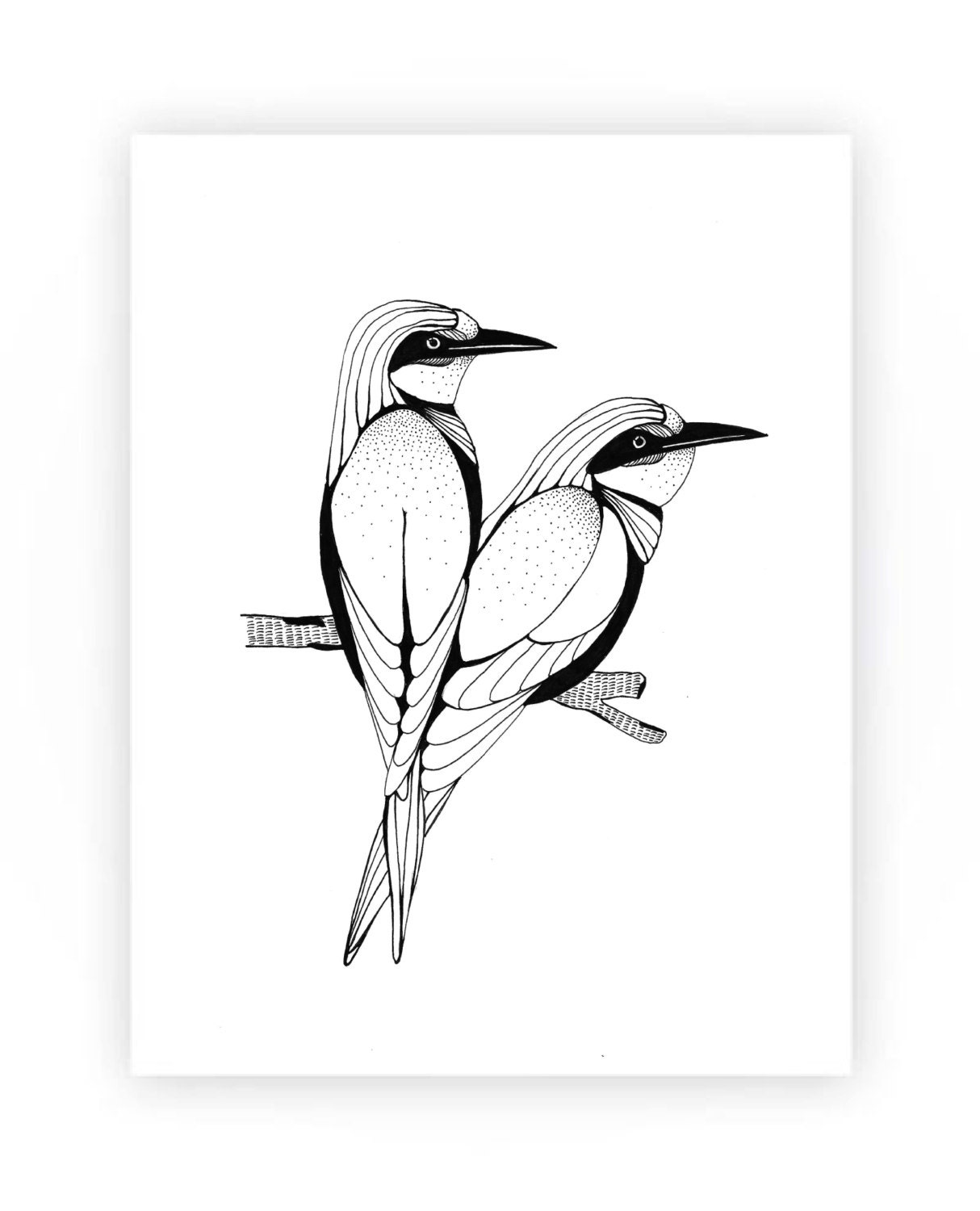 2 Birds Pen and Ink Print Black and White Art Art Print