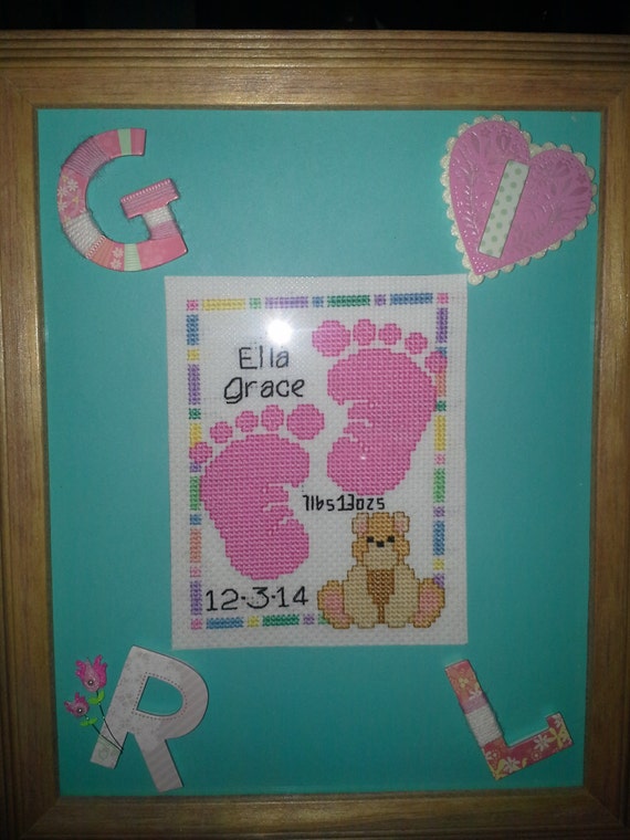 Completed Customized Baby Footprints Cross Stitch Baby